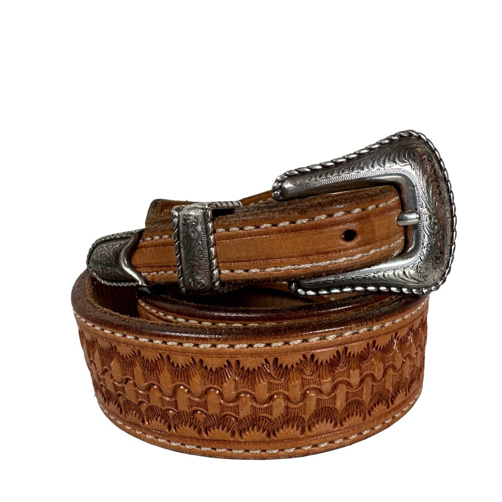 Western belt Brown Leather Silver Buckle tooled weave cowgirl‎ heart